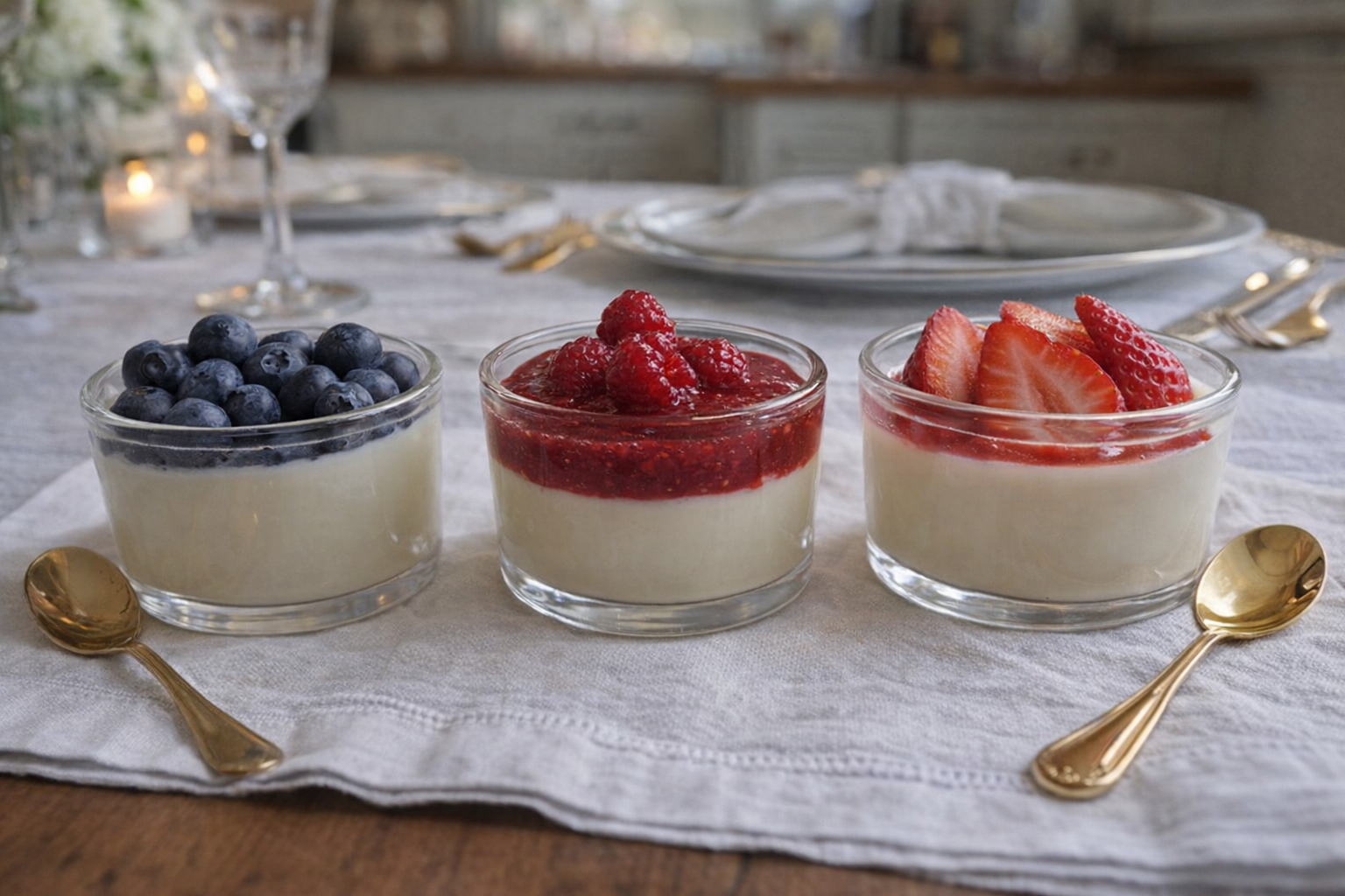 Three small glass ramekins of panna cotta, each topped with a different fruit topping: fresh blueberries, raspberry sauce, and sliced strawberries, elegant table setting